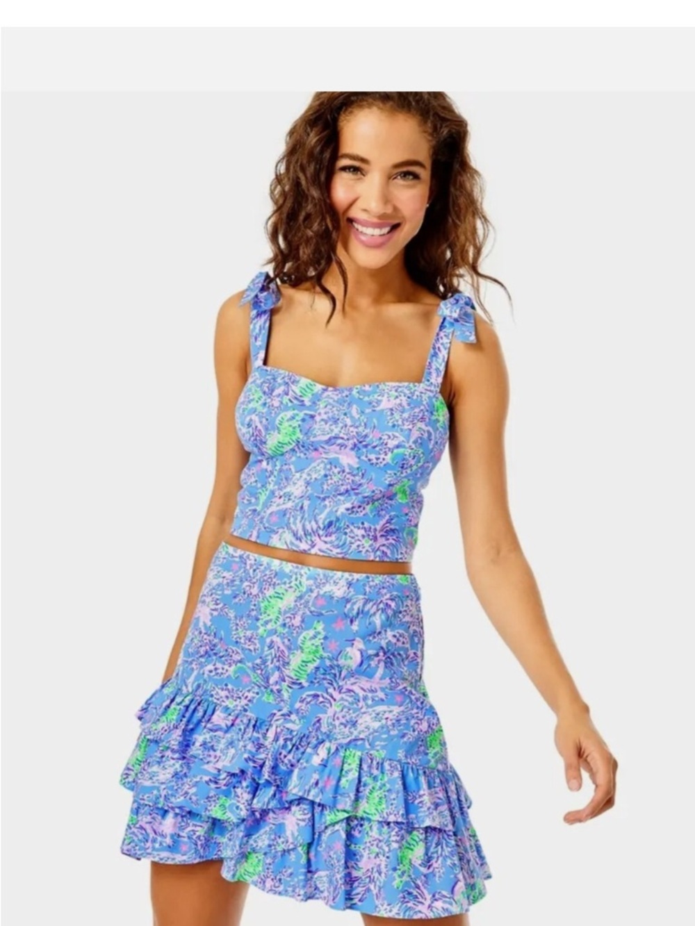 Lilly Pulitzer Blue Floral Tie-Shoulder Crop Top & Ruffled Mini Skirt Set